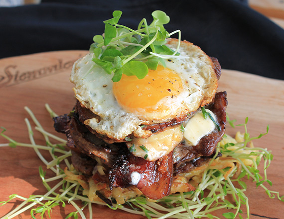 Sunny Egg, Rosti & Flat Steak Napoleon with Anchovy Butter  Recipe Image